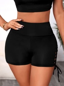 SHEIN SXY Cut Out Lace Up Side Cycling Shorts - Black - View 4