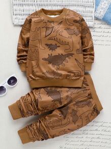 SHEIN 男孩恐龍印花連帽衫和運動長褲