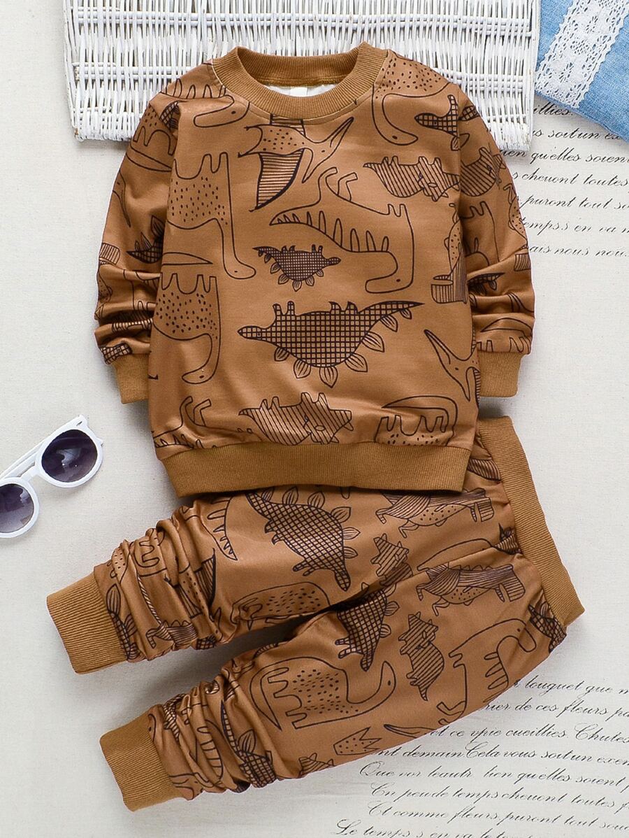 SHEIN 男孩恐龍印花連帽衫和運動長褲