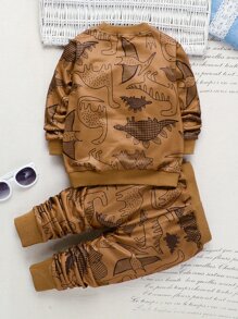 SHEIN 男孩恐龍印花連帽衫和運動長褲