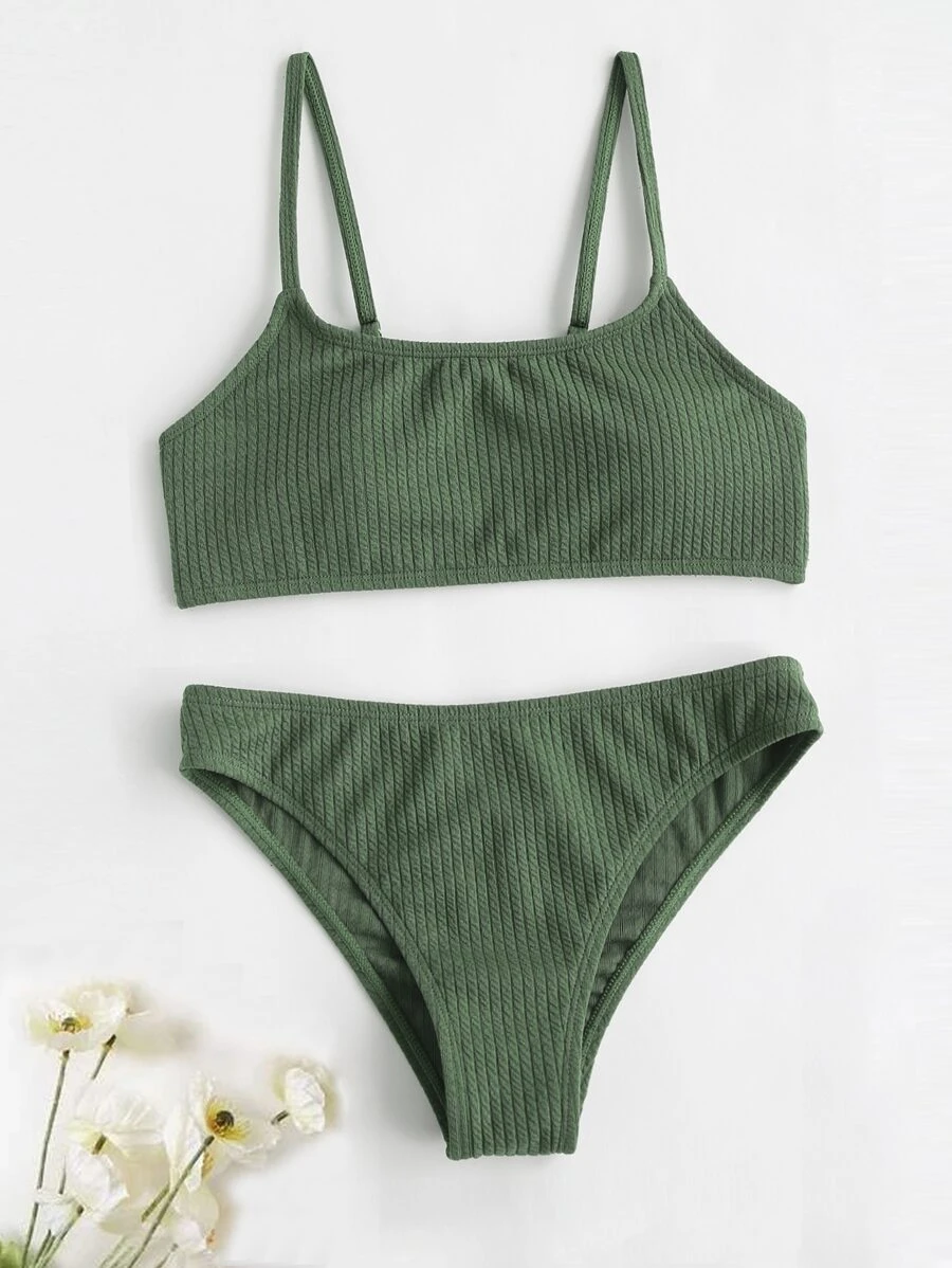 SHEIN Tween Girl Plain Bikini Set Summer Beach - Green - View 1