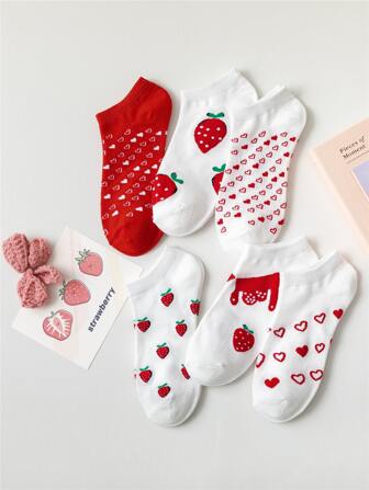 6pairs Heart & Strawberry Print Ankle Socks