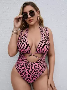 Plus Leopard Cross Back One-Piece Swimsuit With Bikini Top, For Summer Beach Vacation - Multicolor - View 1