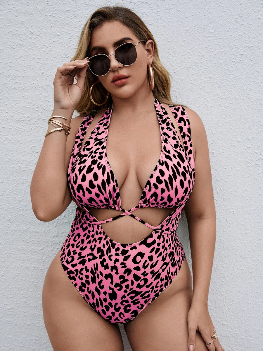 Plus Leopard Cross Back One-Piece Swimsuit With Bikini Top, For Summer Beach Vacation - Multicolor - View 1