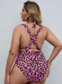 Plus Leopard Cross Back One-Piece Swimsuit With Bikini Top, For Summer Beach Vacation - Multicolor - View 2