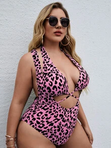 Plus Leopard Cross Back One-Piece Swimsuit With Bikini Top, For Summer Beach Vacation - Multicolor - View 3
