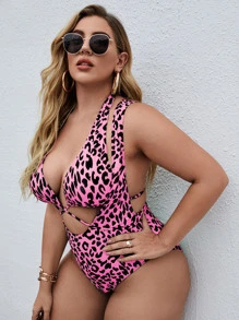 Plus Leopard Cross Back One-Piece Swimsuit With Bikini Top, For Summer Beach Vacation - Multicolor - View 4