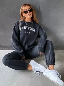 SHEIN Unity Letter Graphic Drop Shoulder Pullover & Joggers - Dark Grey - View 1