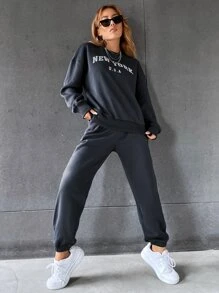 SHEIN Unity Letter Graphic Drop Shoulder Pullover & Joggers - Dark Grey - View 3