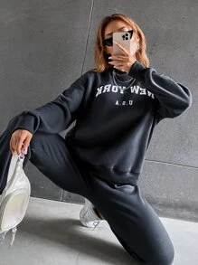SHEIN Unity Letter Graphic Drop Shoulder Pullover & Joggers - Dark Grey - View 4