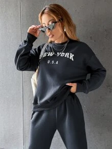 SHEIN Unity Letter Graphic Drop Shoulder Pullover & Joggers - Dark Grey - View 6