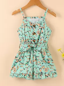 SHEIN 小女童荷葉袖荷葉邊腰帶吊帶連體短褲 - 彩色 - 查看 1