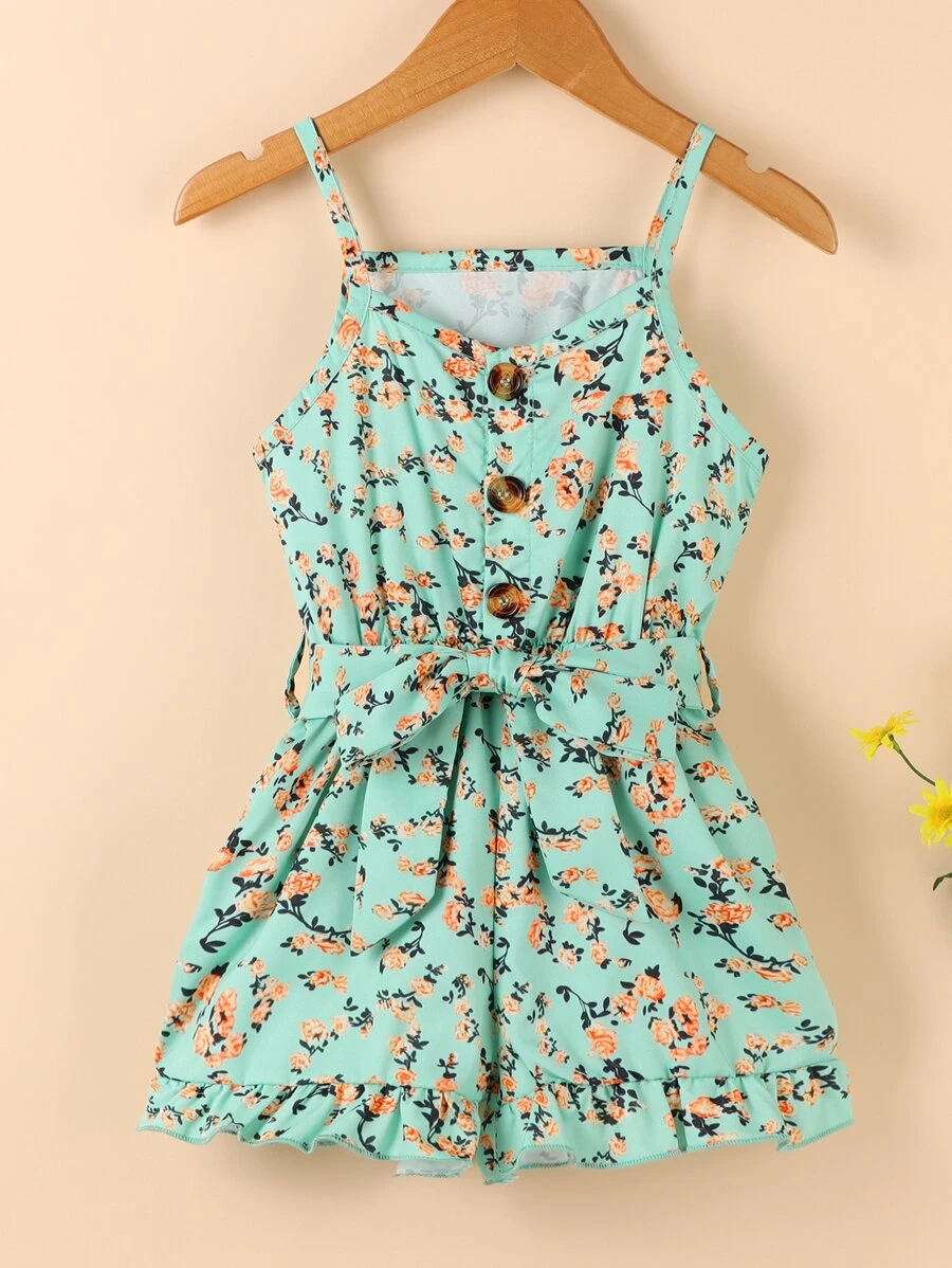 SHEIN 小女童荷葉袖荷葉邊腰帶吊帶連體短褲 - 彩色 - 查看 1