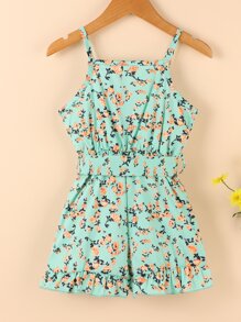 SHEIN 小女童荷葉袖荷葉邊腰帶吊帶連體短褲 - 彩色 - 查看 2