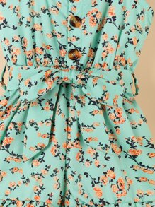 SHEIN 小女童荷葉袖荷葉邊腰帶吊帶連體短褲 - 彩色 - 查看 3