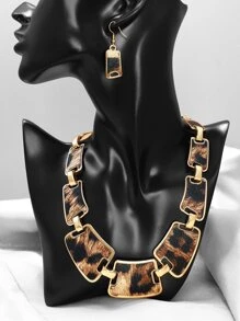 Leopard Print Drop Earrings & Necklace - Multicolor - View 1