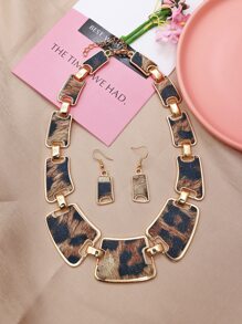 Leopard Print Drop Earrings & Necklace - Multicolor - View 2