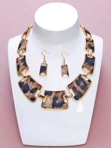 Leopard Print Drop Earrings & Necklace - Multicolor - View 3