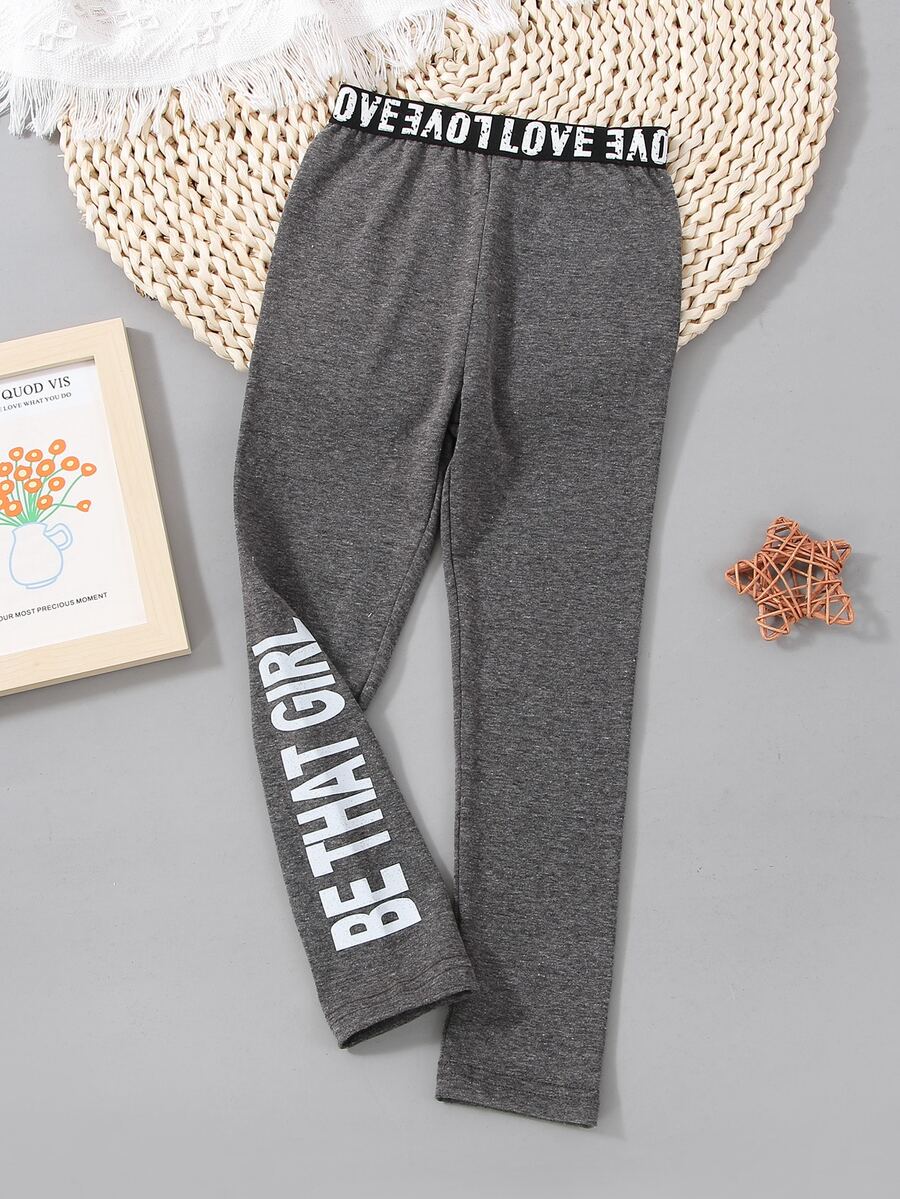 小女童字母圖案織帶拼接緊身打底褲 - 灰色 - 查看 1