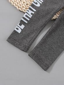 小女童字母圖案織帶拼接緊身打底褲 - 灰色 - 查看 5