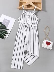 SHEIN Young Girl Striped Ruffle Trim Belted Cami Jumpsuit - White - View 1