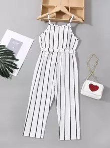 SHEIN Young Girl Striped Ruffle Trim Belted Cami Jumpsuit - White - View 2