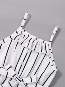 SHEIN Young Girl Striped Ruffle Trim Belted Cami Jumpsuit - White - View 3