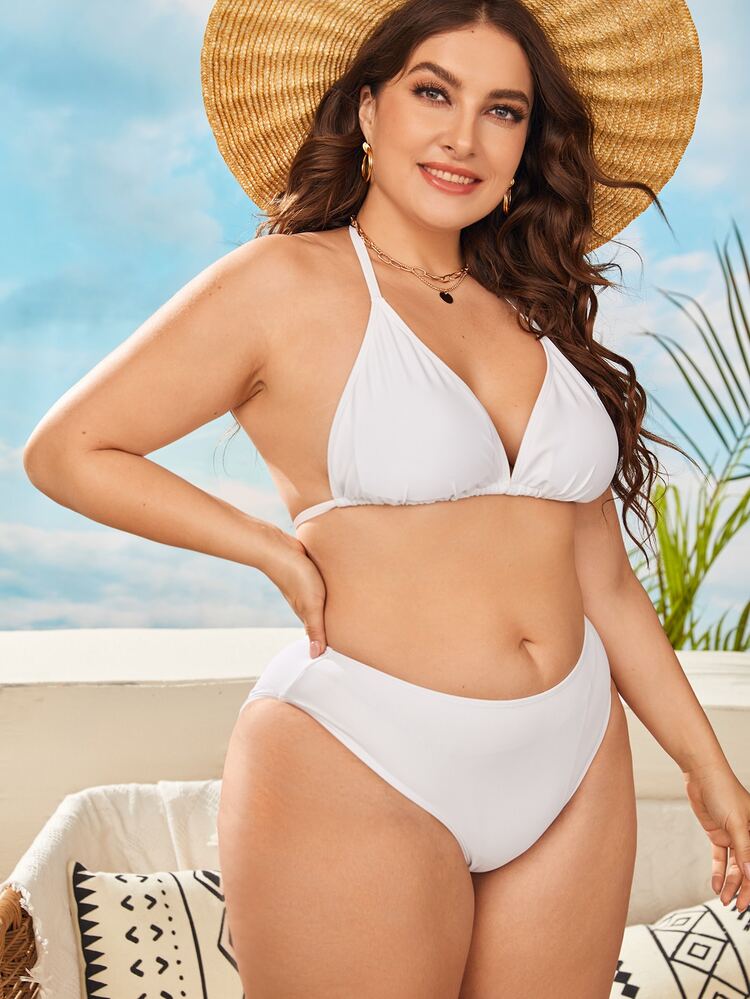 3 gói Plus Size Bộ bikini tam giác dây trơn & váy đi biển viền viền đi biển mùa hè - trắng - Xem 4