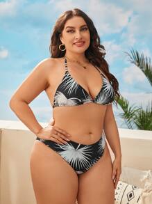 3packs Plus Size Plant Print Halter Bikini Set & Split Beach Skirt Summer Beach - Black and White - View 3