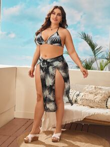 3packs Plus Size Plant Print Halter Bikini Set & Split Beach Skirt Summer Beach - Black and White - View 4