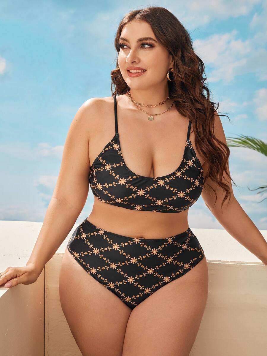 Plus Size Floral Print High Waisted Bikini Set Summer Beach - Multicolor - View 1