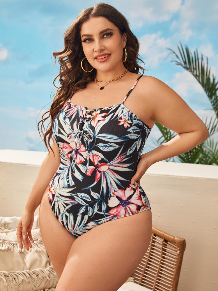 プラス 植物プリント ネクタイフロント ワンピース水着 | SHEIN JAPAN