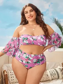 Plus Size Plant Print Tiered Layer Bikini Set Summer Beach - Multicolor - View 1