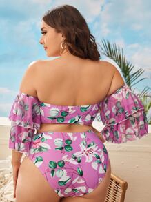 Plus Size Plant Print Tiered Layer Bikini Set Summer Beach - Multicolor - View 2