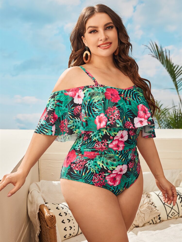 SHEIN Swim Curve Traje de baño de una pieza con hombros descubiertos y estampado floral, para vacaciones de verano en la playa - Multicolor - Añade 3