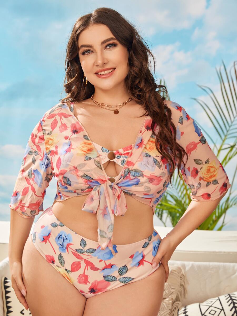 Plus Size 3packs Plant Print Ring Linked Bikini Set & Kimono Summer Beach - Multicolor - View 1