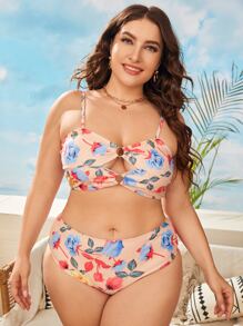 Plus Size 3packs Plant Print Ring Linked Bikini Set & Kimono Summer Beach - Multicolor - View 5