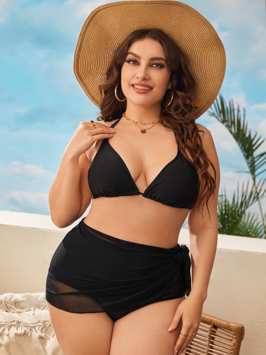 3packs Plus Size Solid Triangle Bikini Set & Beach Skirt Summer Beach - Black - View 1