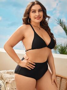 3packs Plus Size Solid Triangle Bikini Set & Beach Skirt Summer Beach - Black - View 4