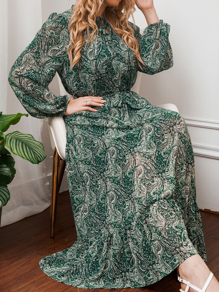 Mulvari 大碼佩斯利印花燈籠袖繫帶領荷葉邊繫腰帶連衣裙 - 彩色 - 查看 1