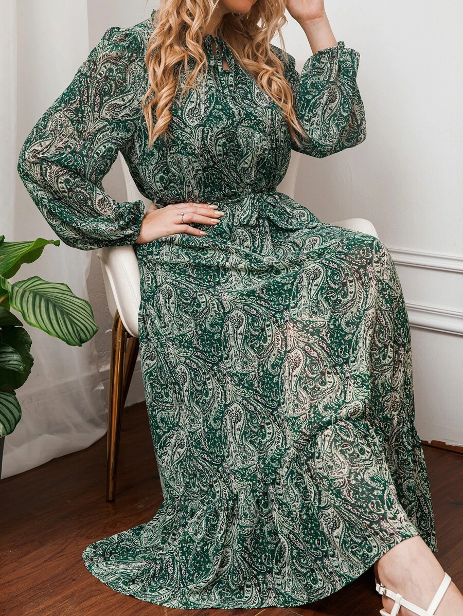 Mulvari Plus Paisley Print Lantern Sleeve Tie Neck Ruffle Hem Belted Dress Maxi Women Outfit - Multicolor - View 1