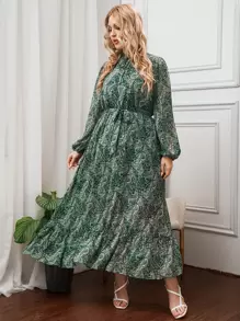 Mulvari Plus Paisley Print Lantern Sleeve Tie Neck Ruffle Hem Belted Dress Maxi Women Outfit - Multicolor - View 3