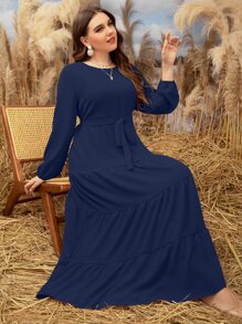 Mulvari Vestido maxi de mujer con manga de obispo, bajo con volantes y cinturón - Azul Marino - Ver 1