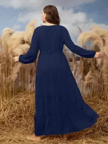 Mulvari Vestido maxi de mujer con manga de obispo, bajo con volantes y cinturón - Azul Marino - Ver 2