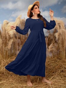 Mulvari Vestido maxi de mujer con manga de obispo, bajo con volantes y cinturón - Azul Marino - Ver 4