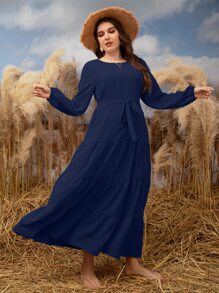 Mulvari Vestido maxi de mujer con manga de obispo, bajo con volantes y cinturón - Azul Marino - Ver 5