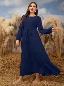 Mulvari Vestido maxi de mujer con manga de obispo, bajo con volantes y cinturón - Azul Marino - Ver 6