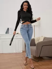 SHEIN SXY Contrast Geo Mesh Cut Out Crop Tee - Black - View 5