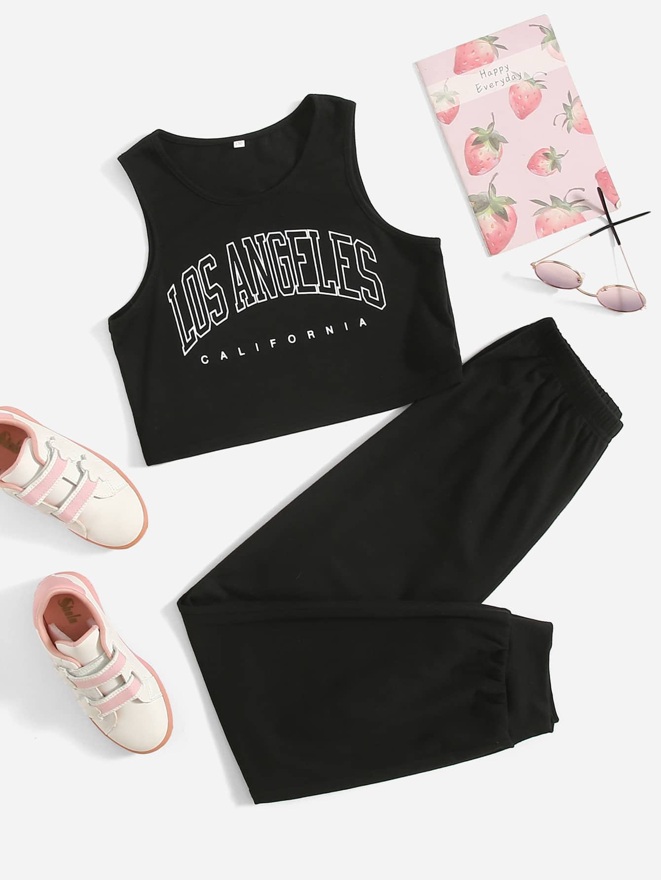 SHEIN Girls Letter Graphic Tank Top & Joggers - Black - View 1