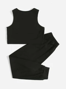 SHEIN Girls Letter Graphic Tank Top & Joggers - Black - View 2